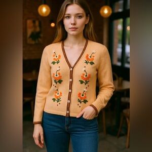 Vintage grandma embroidered floral cottage core button-front‎ cardigan size 4/6